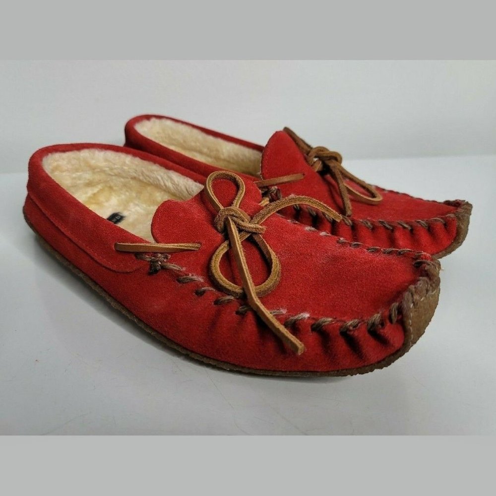Lands' End Womens Size 7 B Moccasin Slippers Red Suede Loafers 34664 Lace Up
